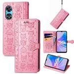 For OPPO A97 5G Cat and Dog Embossed Leather Phone Case(Pink)