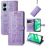 For Realme C33 Cat and Dog Embossed Leather Phone Case(Purple)