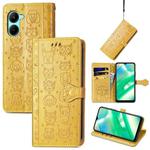 For Realme C33 Cat and Dog Embossed Leather Phone Case(Yellow)