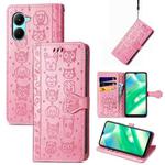 For Realme C33 Cat and Dog Embossed Leather Phone Case(Pink)