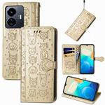 For vivo Y77 5G Global Cat and Dog Embossed Leather Phone Case(Gold)