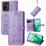 For vivo T2X Cute Cat and Dog Embossed Leather Phone Case(Purple)