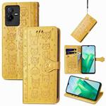 For vivo T2X Cute Cat and Dog Embossed Leather Phone Case(Yellow)