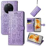 For Huawei Mate 50 Pro Cute Cat and Dog Embossed Leather Phone Case(Purple)