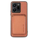 For vivo Y35 Carbon Fiber Leather Card Magsafe Case(Brown)