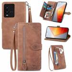 For vivo iQOO 10 Embossed Flower Shockproof Leather Phone Case(Brown)