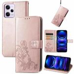 For Xiaomi Redmi Note 12 5G Global Four-leaf Clasp Embossed Buckle Leather Phone Case(Rose Gold)