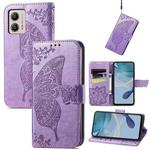 For Motorola Moto E13 Butterfly Love Flower Embossed Flip Leather Phone Case(Light Purple)