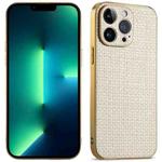 For iPhone 13 Pro Max Suteni Electroplated Woven Cloth PU Soft TPU Phone Case(Apricot White)