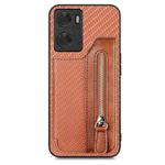 For OPPO A57 4G Carbon Fiber Flip Zipper Wallet Phone Case(Brown)