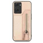 For OPPO A57 4G Carbon Fiber Flip Zipper Wallet Phone Case(Khaki)