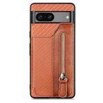 For Google Pixel 7A Carbon Fiber Flip Zipper Wallet Phone Case(Brown)