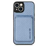 For iPhone 14 Plus Carbon Fiber Leather Card Magsafe Magnetic Phone Case(Blue)