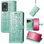 For Xiaomi 13 Lite Cute Cat and Dog Embossed Leather Phone Case(Green)