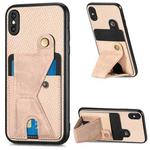 For iPhone XS Max Carbon Fiber Wallet Flip Card K-shaped Holder Phone Case(Khaki)