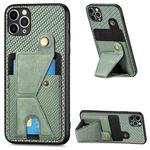 For iPhone 11 Pro Carbon Fiber Wallet Flip Card K-shaped Holder Phone Case(Green)