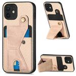 For iPhone 11 Pro Max Carbon Fiber Wallet Flip Card K-shaped Holder Phone Case(Khaki)