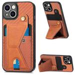 For iPhone 13 Carbon Fiber Wallet Flip Card K-shaped Holder Phone Case(Brown)