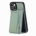 For iPhone 14 Carbon Fiber Vertical Flip Zipper Phone Case(Green)