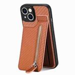 For iPhone 14 Pro Max Carbon Fiber Vertical Flip Zipper Phone Case(Brown)