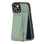 For iPhone 13 Carbon Fiber Vertical Flip Zipper Phone Case(Green)