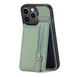 For iPhone 13 Pro Carbon Fiber Vertical Flip Zipper Phone Case(Green)