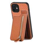 For iPhone 12 mini Carbon Fiber Vertical Flip Zipper Phone Case(Brown)