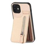 For iPhone 12 mini Carbon Fiber Vertical Flip Zipper Phone Case(Khaki)