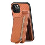 For iPhone 12 Pro Max Carbon Fiber Vertical Flip Zipper Phone Case(Brown)