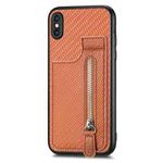 For iPhone X / XS Carbon Fiber Vertical Flip Zipper Phone Case(Brown)