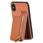 For iPhone XS Max Carbon Fiber Vertical Flip Zipper Phone Case(Brown)