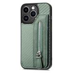 For iPhone 14 Pro Carbon Fiber Horizontal Flip Zipper Wallet Phone Case(Green)