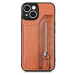 For iPhone 14 Plus Carbon Fiber Horizontal Flip Zipper Wallet Phone Case(Brown)