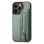 For iPhone 14 Pro Max Carbon Fiber Horizontal Flip Zipper Wallet Phone Case(Green)