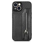 For iPhone 13 Carbon Fiber Horizontal Flip Zipper Wallet Phone Case(Black)