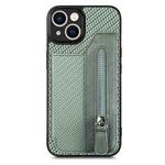 For iPhone 13 Carbon Fiber Horizontal Flip Zipper Wallet Phone Case(Green)