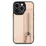 For iPhone 13 Pro Carbon Fiber Horizontal Flip Zipper Wallet Phone Case(Khaki)