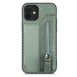 For iPhone 12 mini Carbon Fiber Horizontal Flip Zipper Wallet Phone Case(Green)