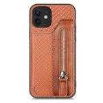 For iPhone 12 mini Carbon Fiber Horizontal Flip Zipper Wallet Phone Case(Brown)
