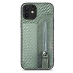 For iPhone 12 Carbon Fiber Horizontal Flip Zipper Wallet Phone Case(Green)