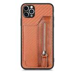 For iPhone 11 Pro Carbon Fiber Horizontal Flip Zipper Wallet Phone Case(Brown)