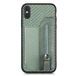 For iPhone X / XS Carbon Fiber Horizontal Flip Zipper Wallet Phone Case(Green)