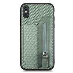For iPhone XS Max Carbon Fiber Horizontal Flip Zipper Wallet Phone Case(Green)
