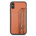 For iPhone XS Max Carbon Fiber Horizontal Flip Zipper Wallet Phone Case(Brown)