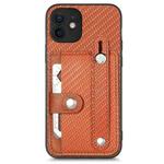 For iPhone 12 Wristband Kickstand Card Wallet Back Cover Phone Case with Tool Knife(Brown)