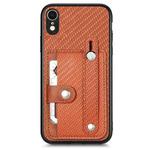 For iPhone XR Wristband Kickstand Card Wallet Back Cover Phone Case with Tool Knife(Brown)