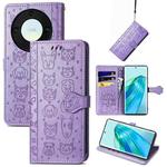 For Honor Magic5 Lite Cute Cat and Dog Embossed Leather Phone Case(Purple)