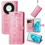 For Honor X9a Cute Cat and Dog Embossed Leather Phone Case(Pink)