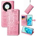 For Honor X40 Cute Cat and Dog Embossed Leather Phone Case(Pink)