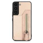 For Samsung Galaxy S22 5G Carbon Fiber Horizontal Flip Zipper Wallet Phone Case(Khaki)